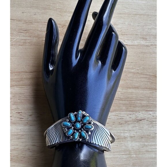 Vintage Navajo Stamped Tom Sterling Silver 9 Turquoise Cabs Cuff Bracelet Deco‎ - Picture 3 of 12